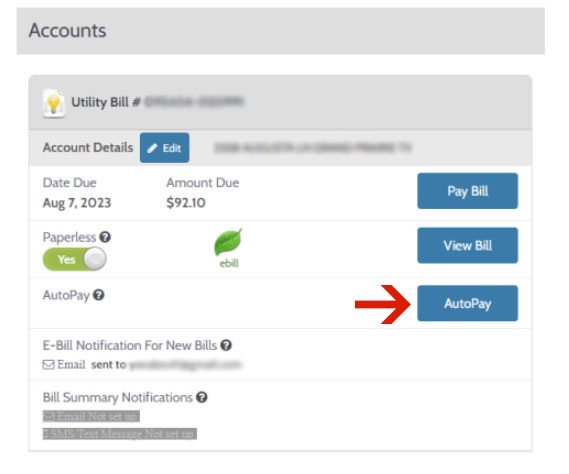 Screenshot of accounts screen with AutoPay button
