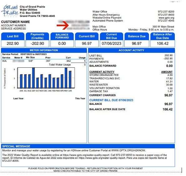 Sample water bill with red arrow pointing to where account number is located under the customer name