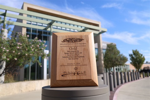 Wooden award plaque for Gold Best Innovative Site given by City of Grand Prairie Parks & Recreation Department in 2020.