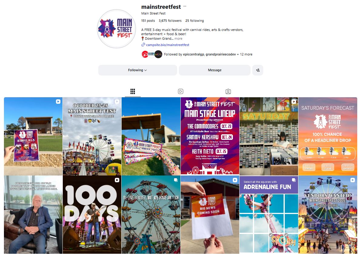 Instagram profile page of Main Street Fest showing a colorful grid of carnival and event photos with rides, food, and entertainment.