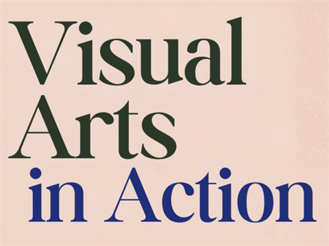 Text reading 'Visual Arts in Action' displayed in large serif typography against a soft beige background. The words 'Visual Arts' appear in dark green, while 'in Action' is in bold blue, creating a clean, high‑contrast design focused solely on the stylized text.