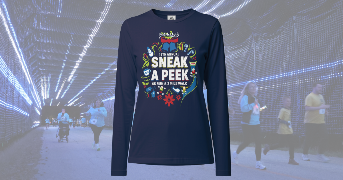 Navy long-sleeve shirt featuring colorful graphics and text for the 18th Annual Sneak A Peek 5K Run & 3 Mile Walk event.