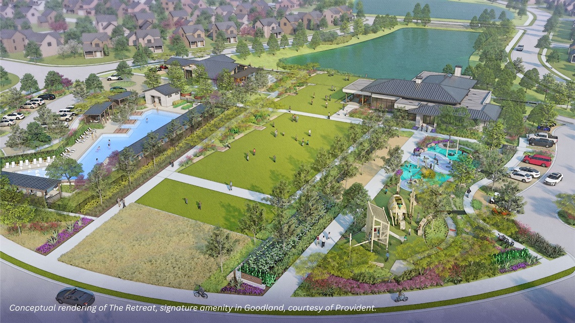 Rendering of The Retreat, a signature amenity in Goodland, courtesy of Provident. Depicts single family homes, green space playgrounds, ponds and a community swimming pool.