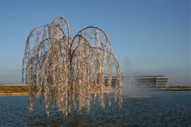 Willow Tree - Mirrored by the water in which it stands, a Willow Tree rises along the lakeside promenade of Grand Prairie Central Park just outside The Summit, 2975 Esplanade. Arching stainless steel branches hold 80,000 mother-of-pearl leaves that shimmer silvery green, changing with the light, reflecting on the water’s surface to evoke the impressionistic paintings of Claude Monet.