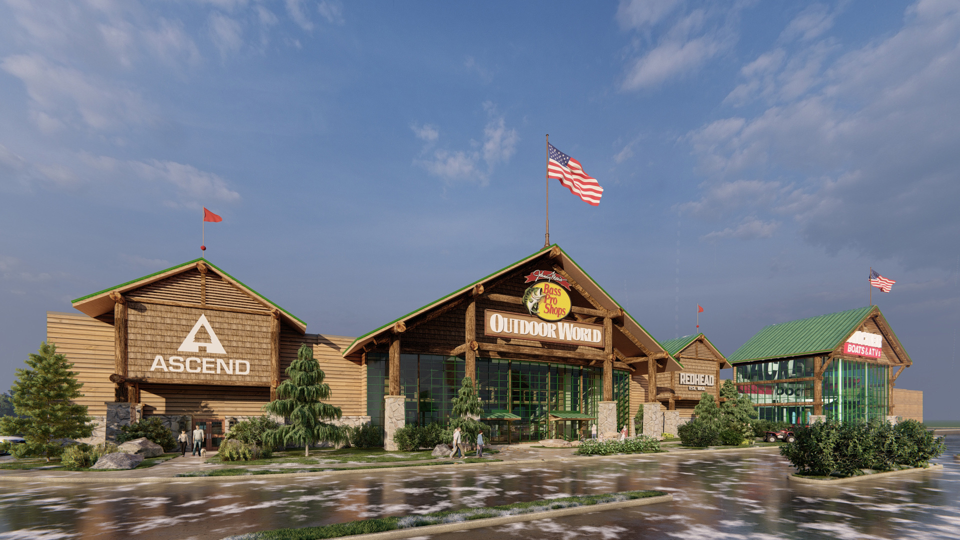 Concept design of the outside of Bass Pro Shops in Grand Prairie