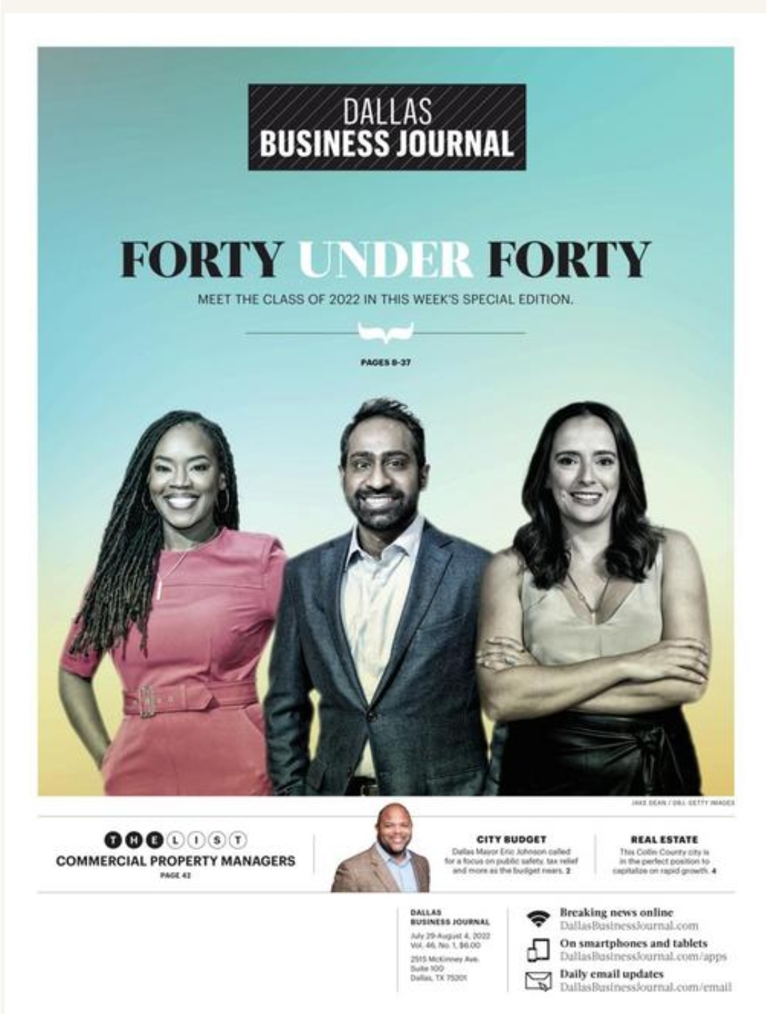 Flyer for the Dallas Business Journal's Forty Under Forty. The picture shows three business people, including Kay Brown-Patrick.