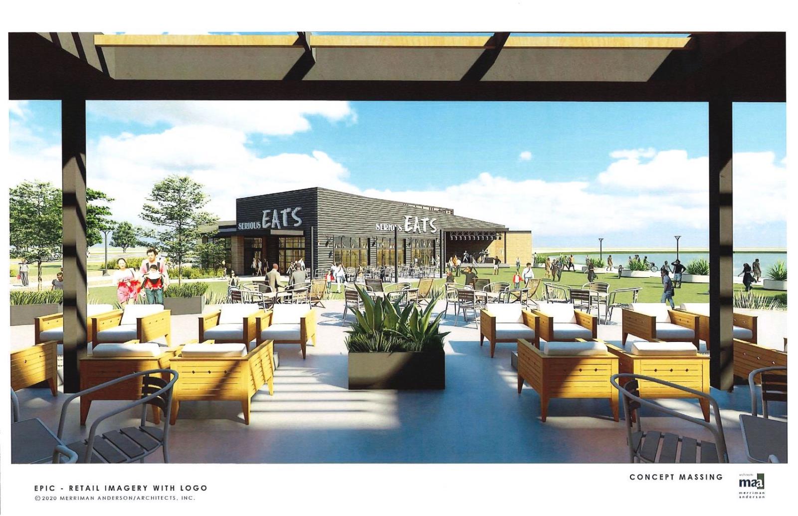 Concept design of exterior of Sprouts Eats with seating outside