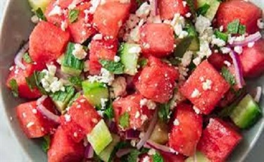 Hatch Chile-Watermelon Salad with Yellow and Red Tomatoes, Lemon and Texas Ranch Olive Oil
