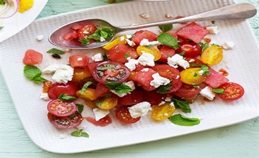 Tomato-Watermelon Salad with Mozzarella Company Feta Cheese and CucumberLemon Vinaigrette