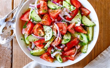 Tomato and Cucumber Salad with Basil Chiffonade and Sweet Red Onion Vinaigrette