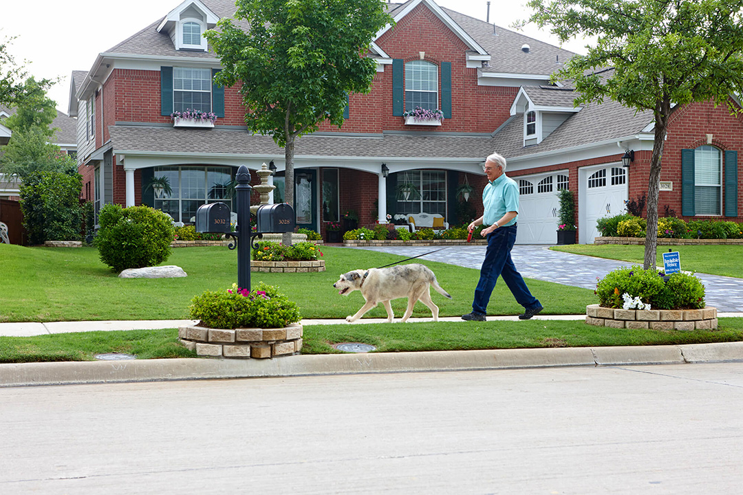 Man walking dog through neighborhood