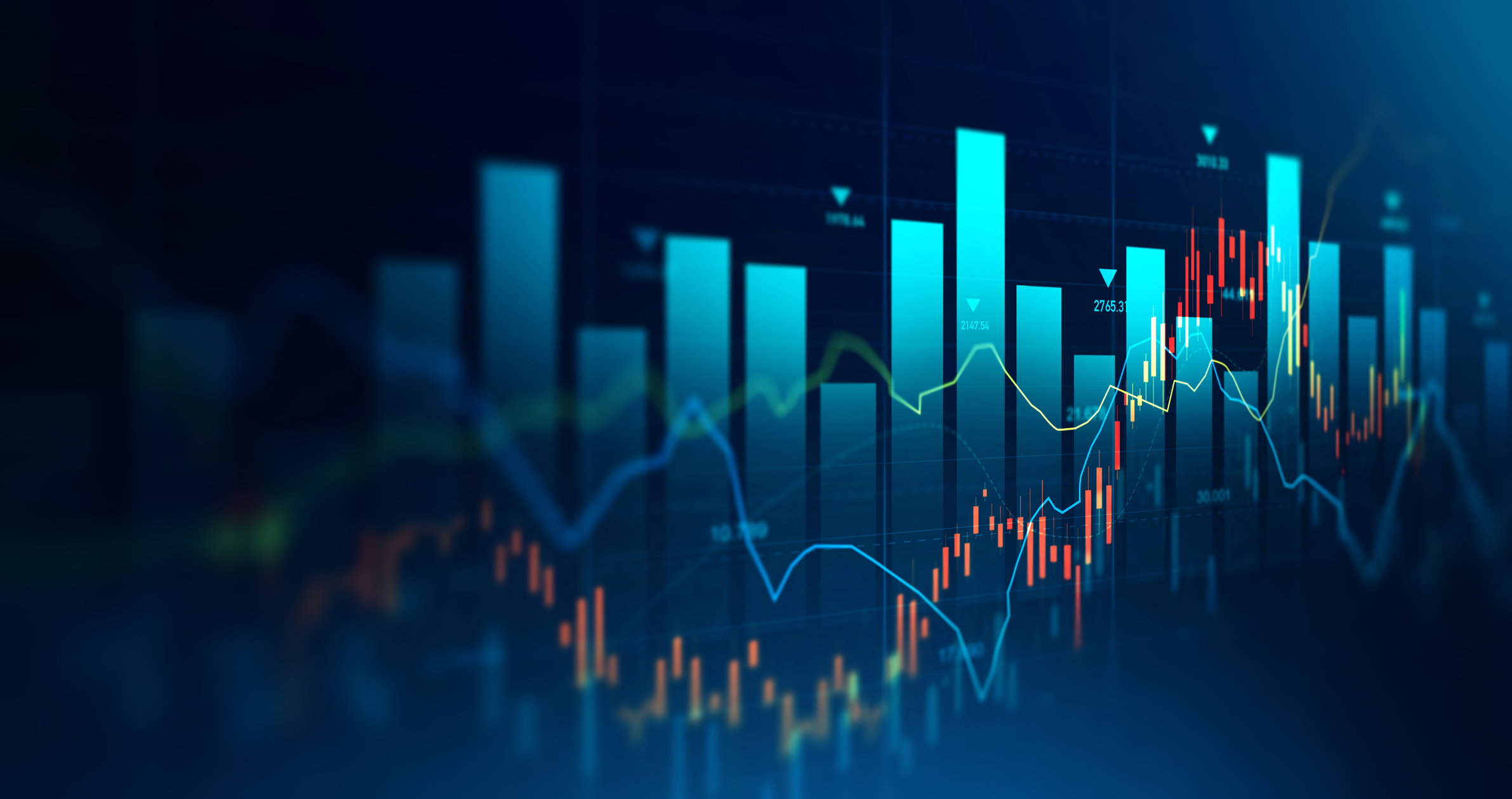 decorative blue graphic depicting abstract three-dimensional bar graph elements in the background and a line graph in the foreground