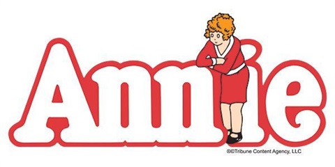 Official logo for the musical Annie, featuring bold red-outlined letters with the character Little Orphan Annie leaning against the letter 