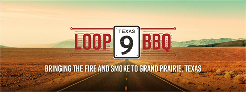 View of a country road with a Loop 9 BBQ logo and the words 