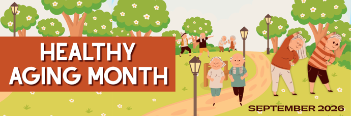 Illustration for Healthy Aging Month (September 2026) featuring seniors stretching, jogging, and walking along a path in a park filled with green trees.
