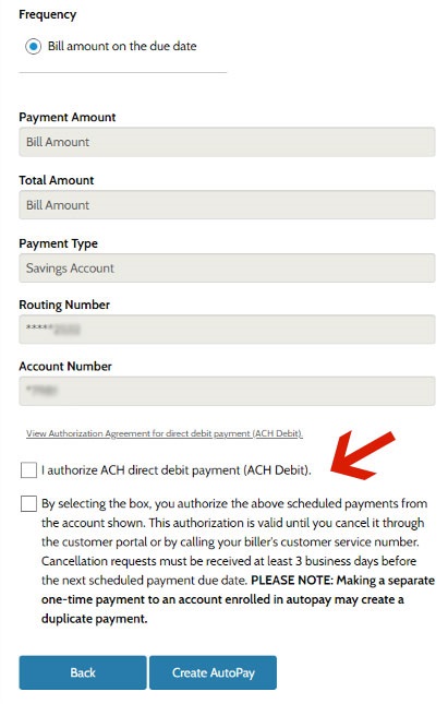 Screenshot of water bill portal for authorizing AutoPay