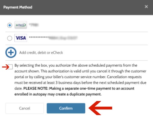 Screenshot of selecting new AutoPay payment method with arrow pointing to 