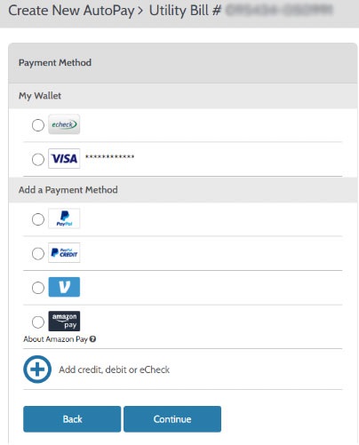 Screenshot of water bill portal with payment method selections for setting up new AutoPay