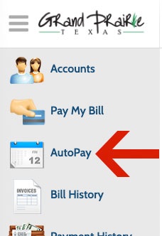 Screenshot of the main menu of water billing portal with a red arrow pointing to AutoPay link
