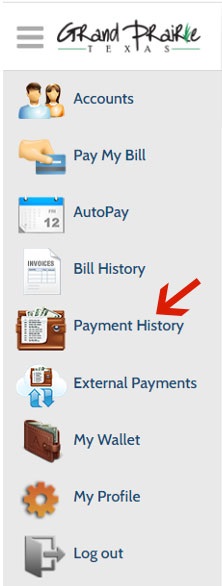 Water payment site menu with arrow pointing to Payment History link