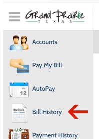 Screenshot of menu options with arrow pointing to Bill History link