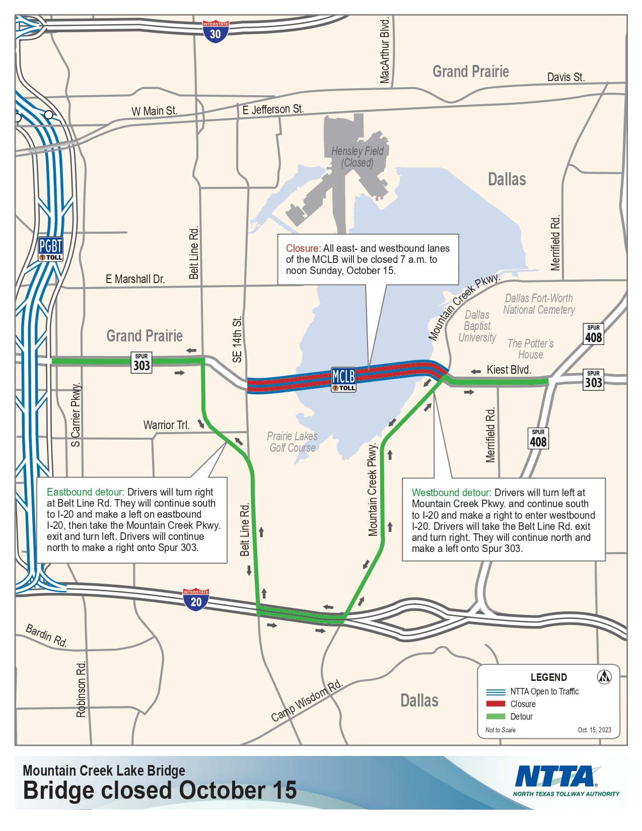 Mountain Creek Lake Bridge closure map