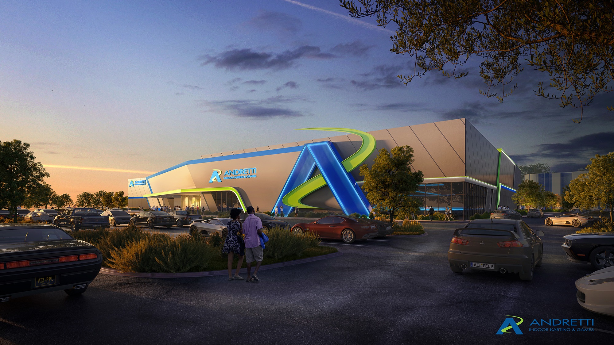 Concept design of the outside of Andretti Karting in Grand Prairie