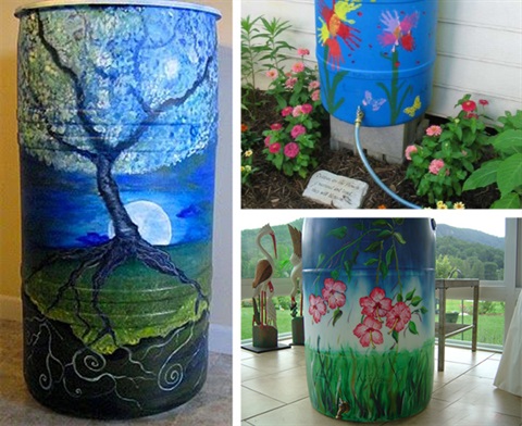 Collage of three photos, each showing a decorated rain barrel