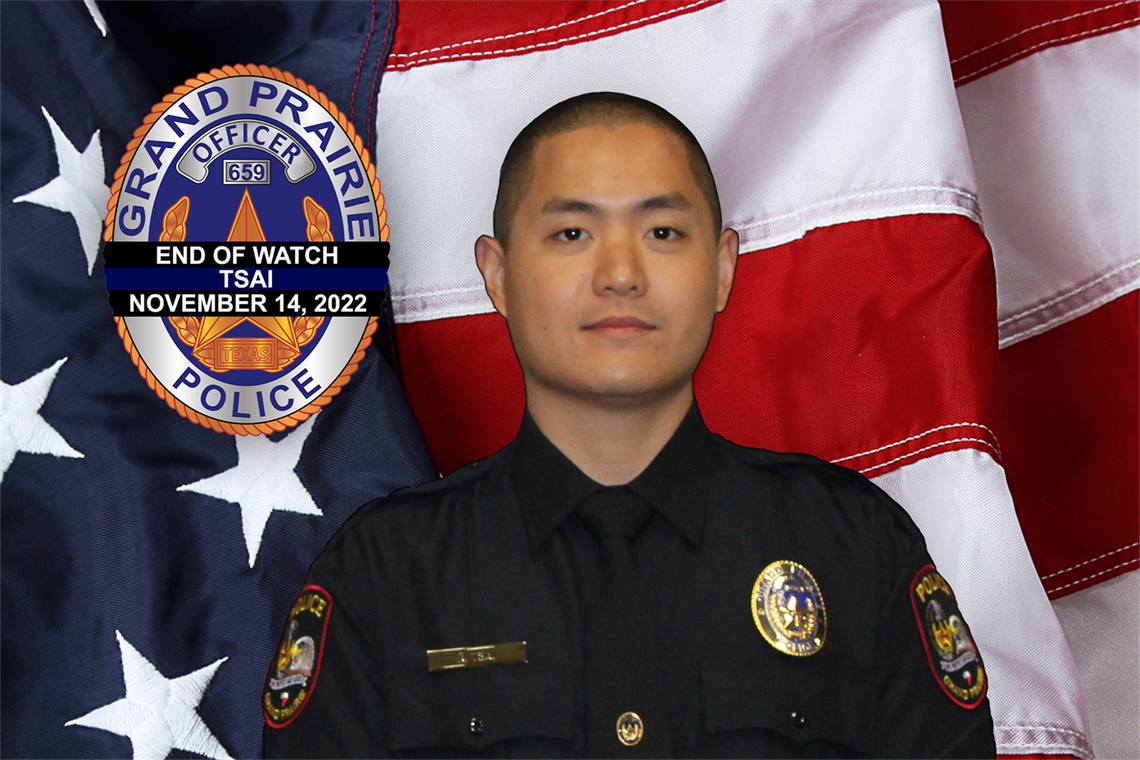 Portrait of Officer Brandon Tsai in front of an American flag. A GPPD logo is in the top left corner, and text on the logo reads 